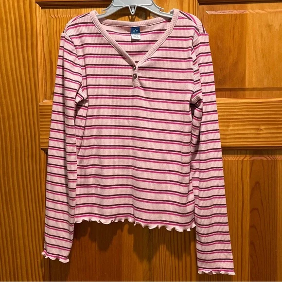 Old Navy Girls Large 10-12 Pink Long Sleeve Two Button V Neck Striped Shirt - Picture 5 of 6